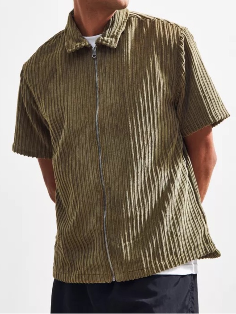 Urban Outfitters Mens Olive Green Corduroy Full Zip Short Sleeve Shirt Large